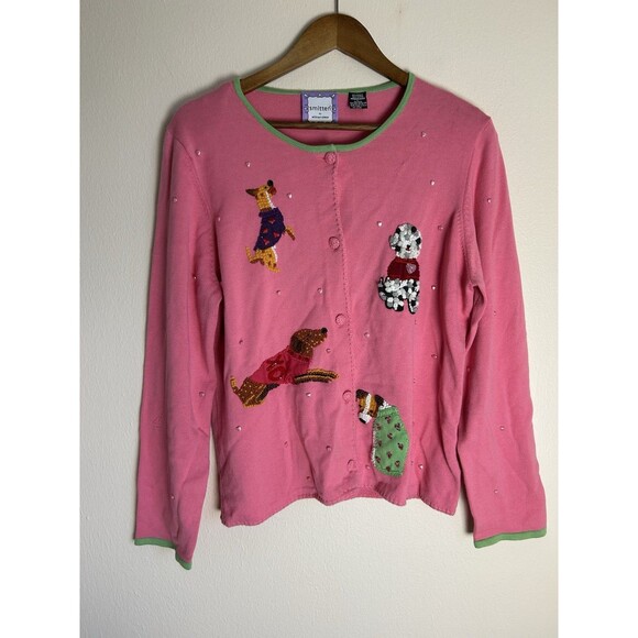 Michael Simon Cardigan Sweater L Pink Christmas Winter Dog Embroidered Large - Picture 1 of 4